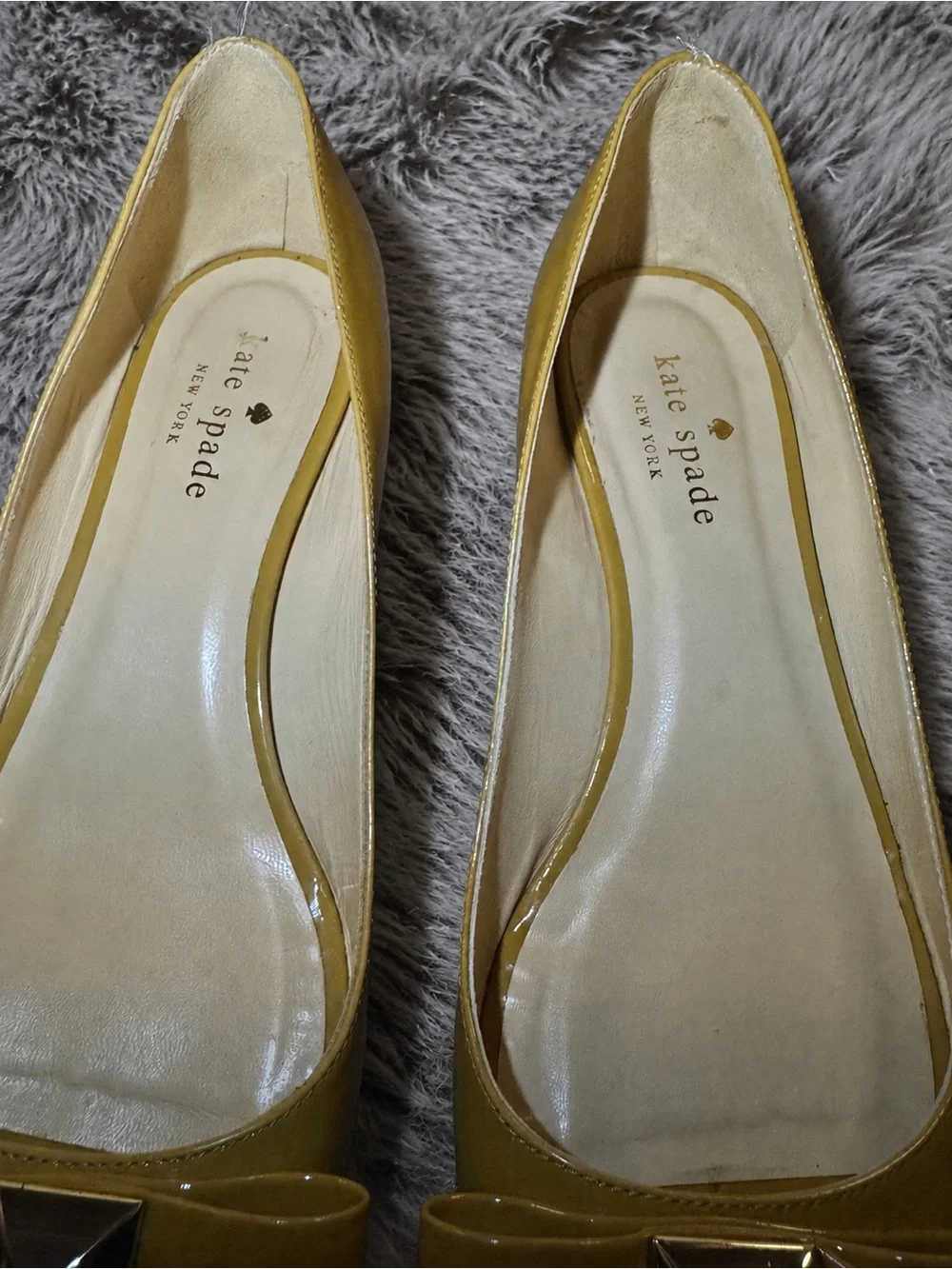 kate spade Brown Patent Peep Toe Flats with Bow & Pyramid Stud